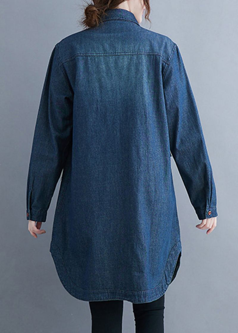 Chic Bleu Col Claudine Poches Denim Manteaux À Manches Longues - Manteaux d'hiver femmes