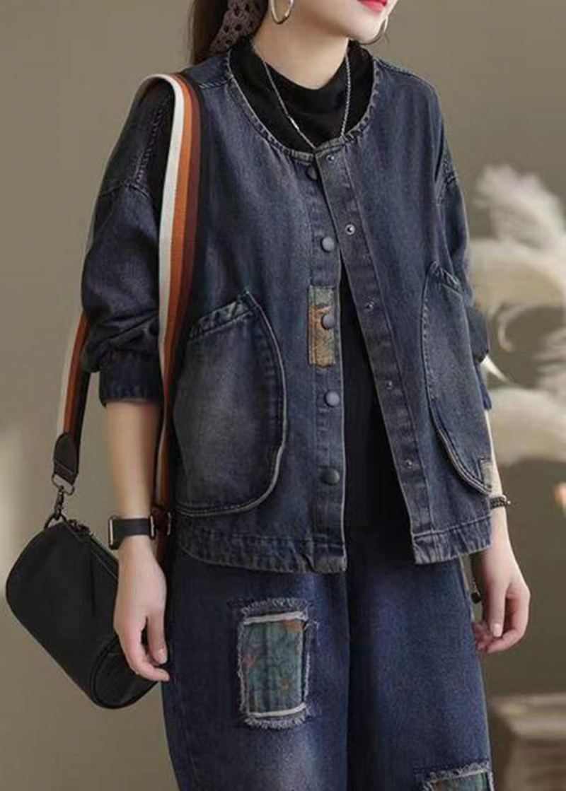 Chic Bleu Foncé Col Rond Poches Patchwork Denim Manteaux À Manches Longues - Manteaux d'hiver femmes