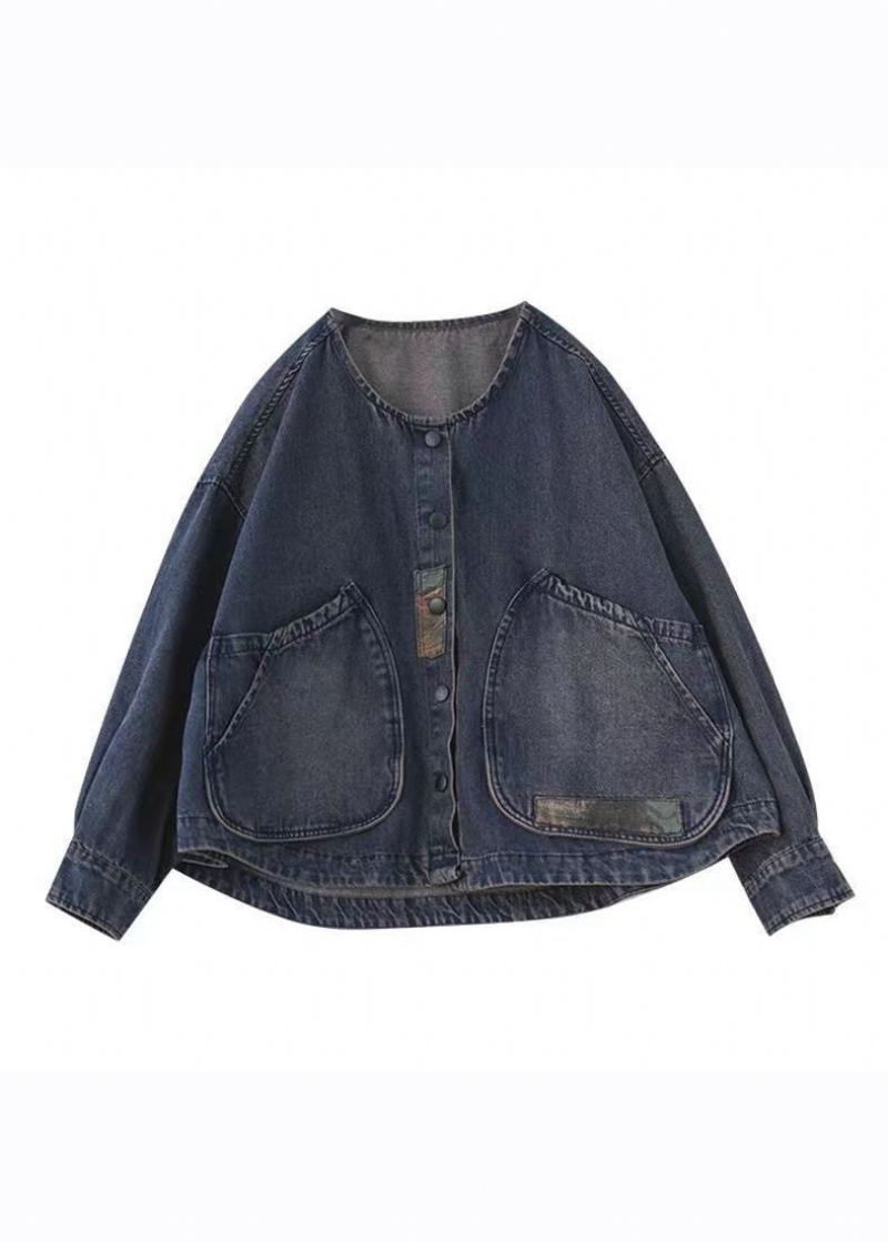 Chic Bleu Foncé Col Rond Poches Patchwork Denim Manteaux À Manches Longues - Manteaux d'hiver femmes