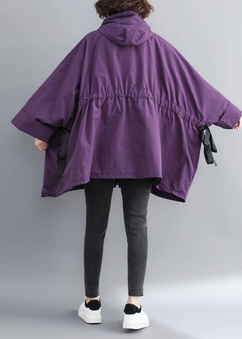 Chic À Capuche Cravate Taille Grande Manteaux De Printemps Femmes Robes Violettes Vestes - Violet