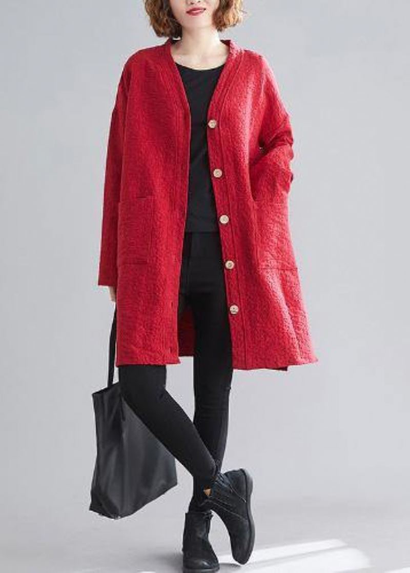 Chic Col En V Boutonné Manteaux Fins Femme Rouge Vêtements D'extérieur Quotidiens - Rouge