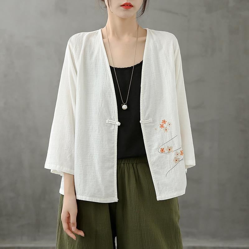 Chic Col En V Chinois Bouton Grue Hauts Motif Chemises Blanches