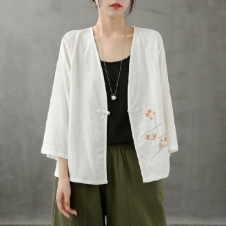 Chic Col En V Chinois Bouton Grue Hauts Motif Chemises Blanches