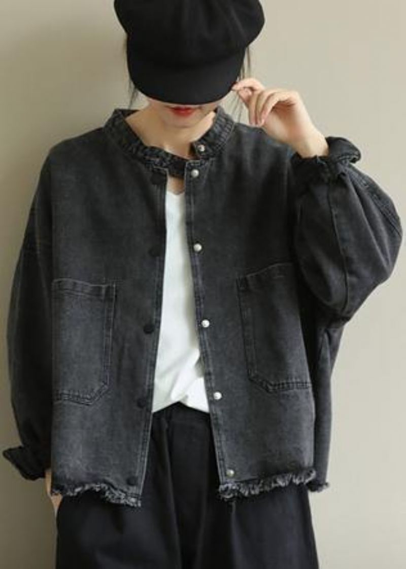 Chic Denim Noir Vêtements Grande Taille Travail Col Montant Poches Outwear - Bleu