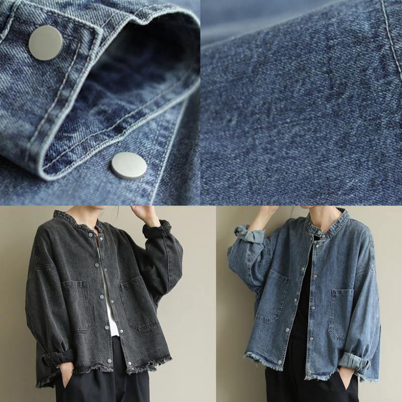 Chic Denim Noir Vêtements Grande Taille Travail Col Montant Poches Outwear - Bleu