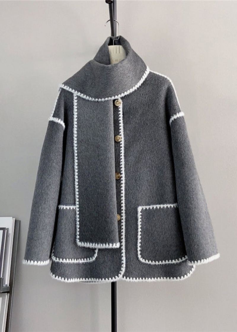 Chic Gris Bouton Poches Laine Manteaux Courts Hiver