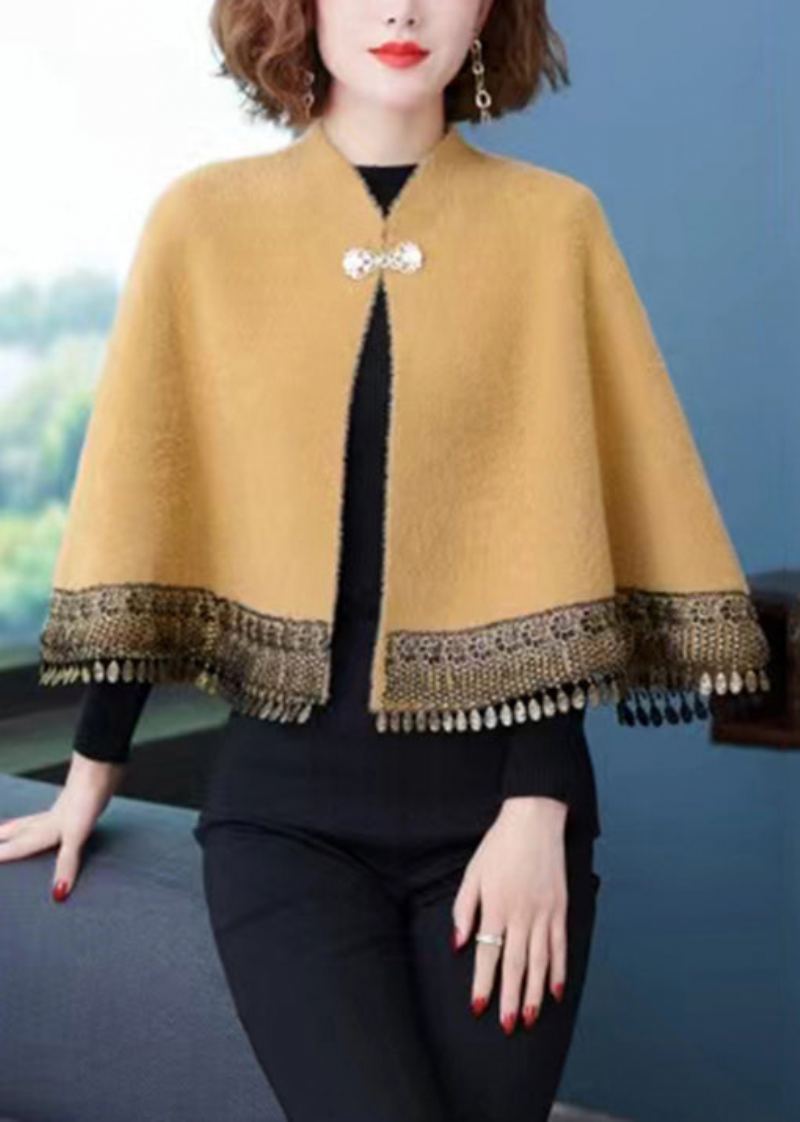 Chic Jaune Col Montant Poches À Glands Patchwork Vison Velours Manteaux Automne - Manteaux d'hiver femmes