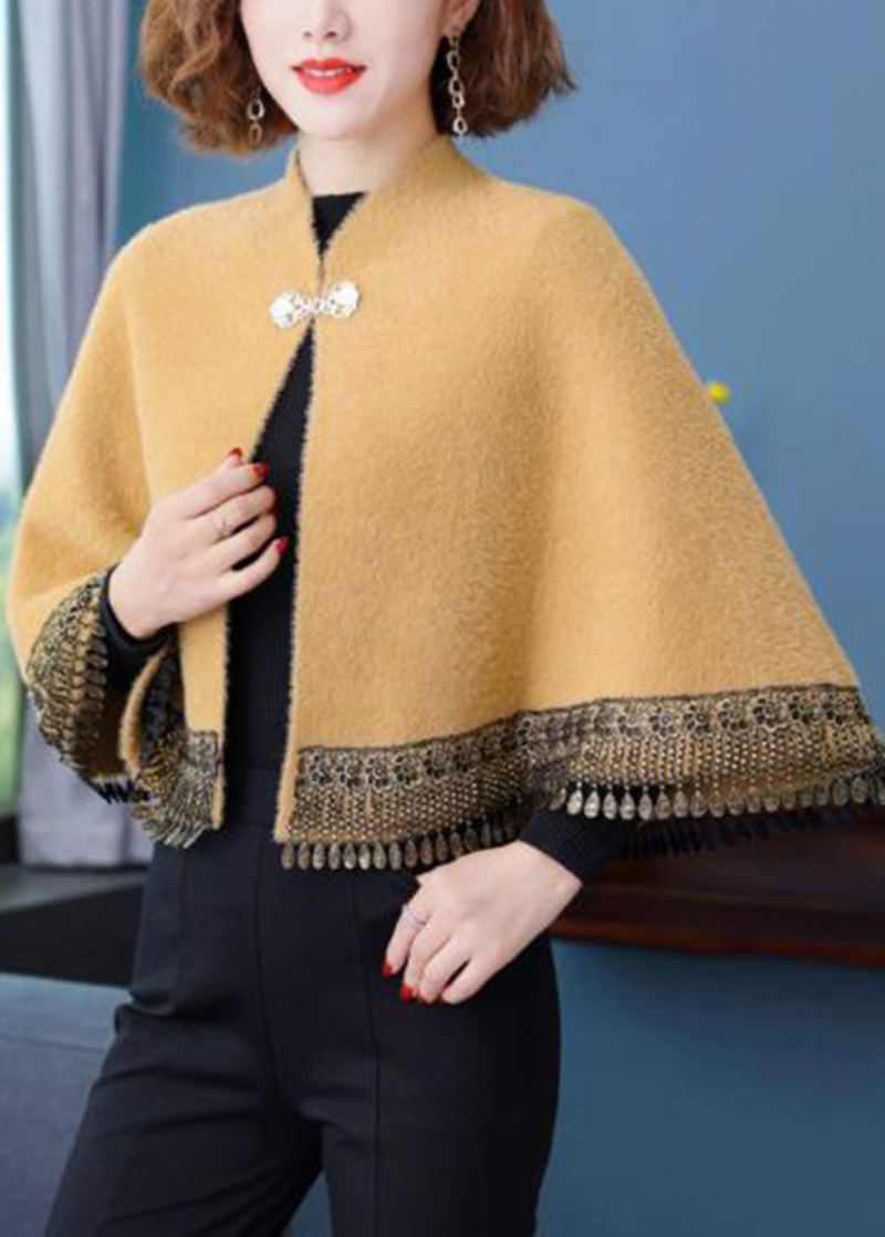 Chic Jaune Col Montant Poches À Glands Patchwork Vison Velours Manteaux Automne - Manteaux d'hiver femmes