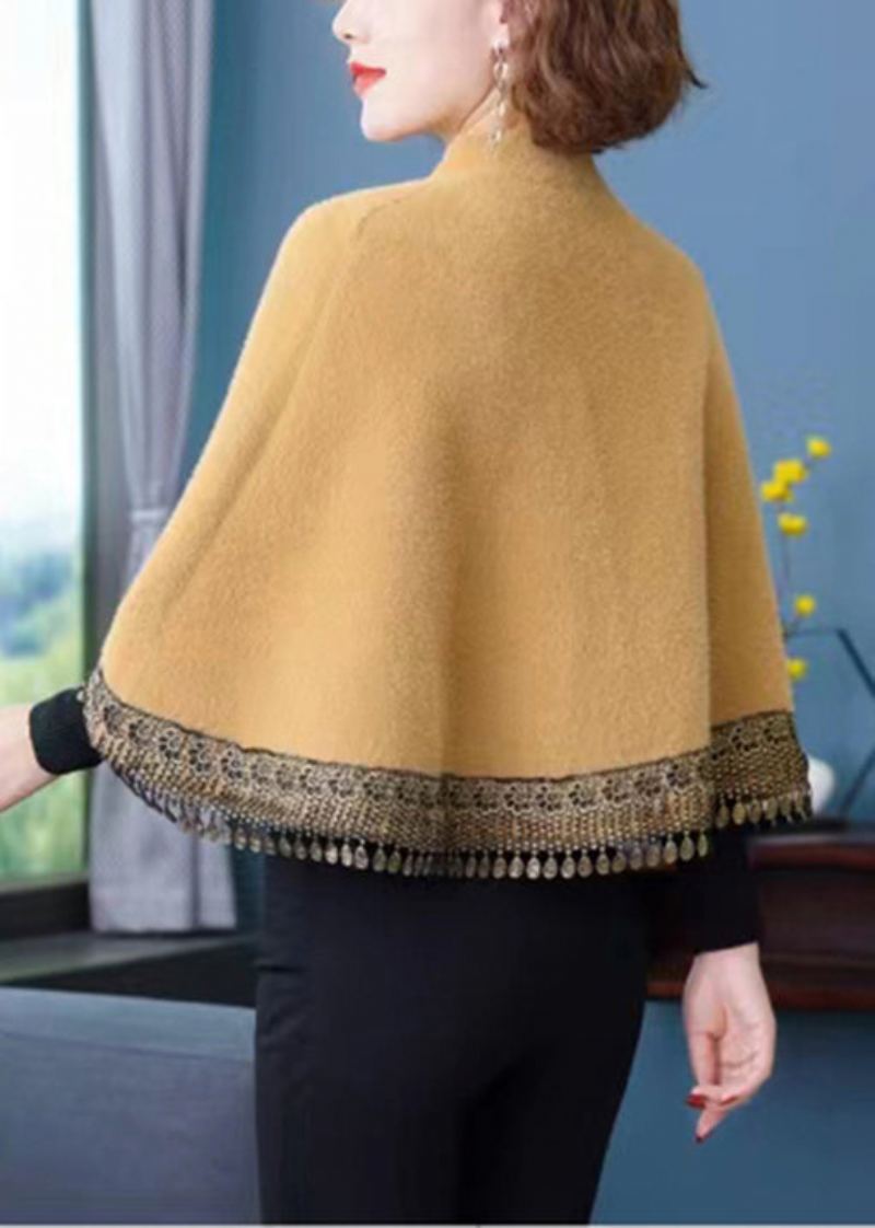 Chic Jaune Col Montant Poches À Glands Patchwork Vison Velours Manteaux Automne - Manteaux d'hiver femmes