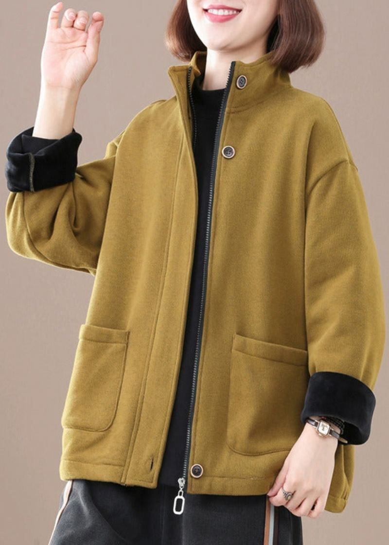 Chic Jaune Poches Zippées Manteau Polaire Chaud Hiver