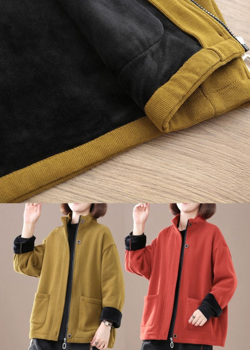 Chic Jaune Poches Zippées Manteau Polaire Chaud Hiver - Manteaux d'hiver femmes