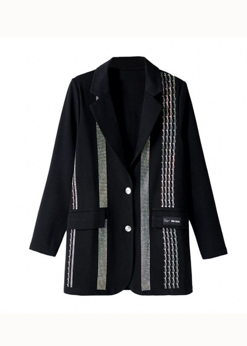 Chic Noir Col Claudine Zircon Patchwork Coton Manteau Automne - Manteaux d'hiver femmes