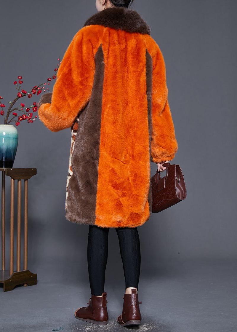 Chic Orange Col De Fourrure Patchwork Léopard Fausse Manteau D'hiver - Manteaux d'hiver femmes