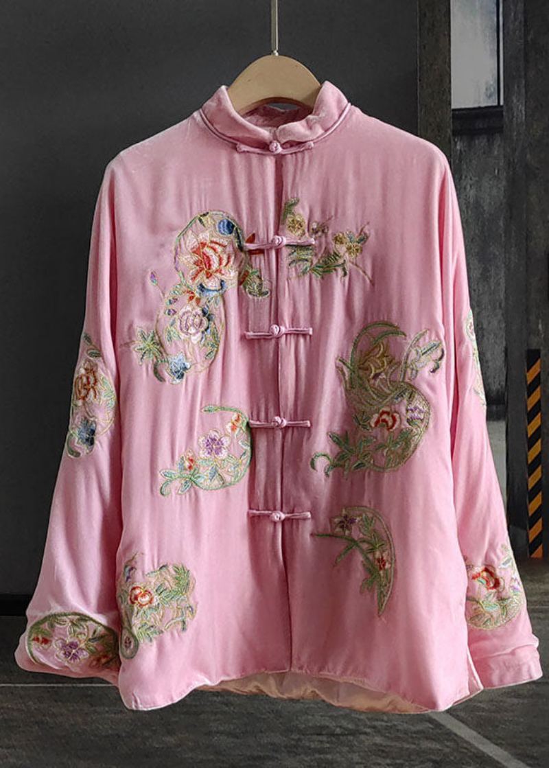 Chic Rose Col Montant Brodé Patchwork Soie Velours Vêtements D'extérieur Printemps