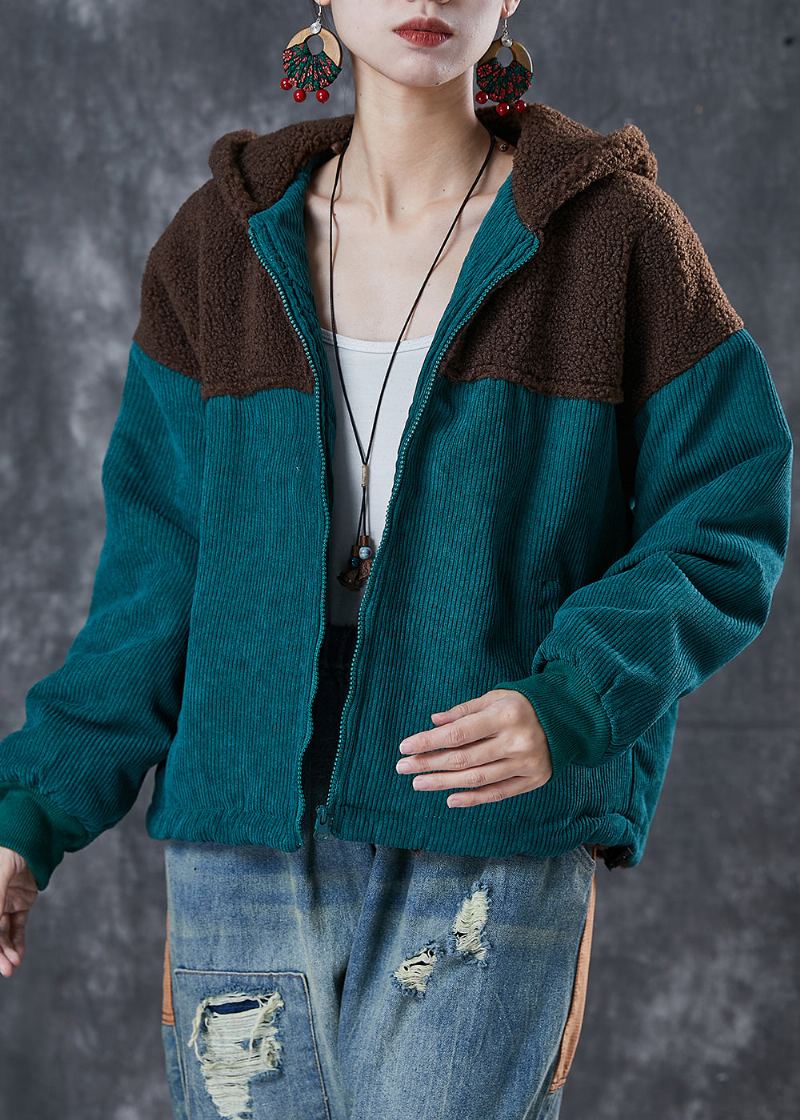 Chic Vert À Capuche Patchwork Chaud Polaire Manteaux Hiver