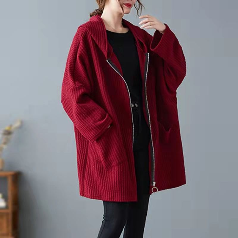 Chunky Rouge Vestes Décontractée Grande Taille À Capuche Épais - Rouge