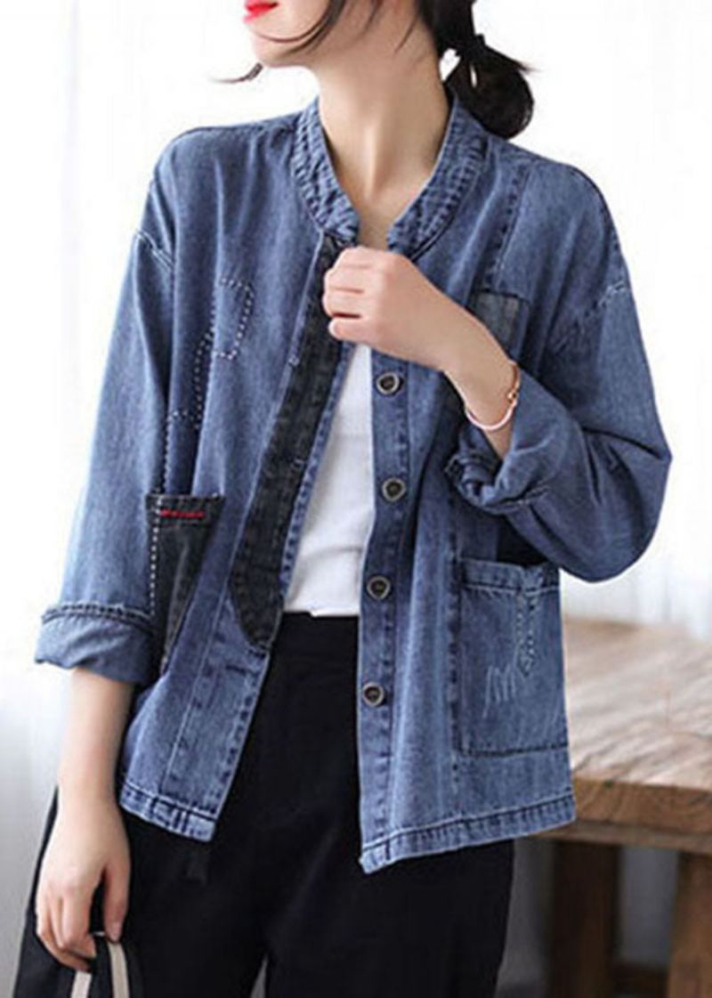 Décontracté Bleu Col Montant Patchwork Bouton Denim Manteaux Printemps - Manteaux d'hiver femmes