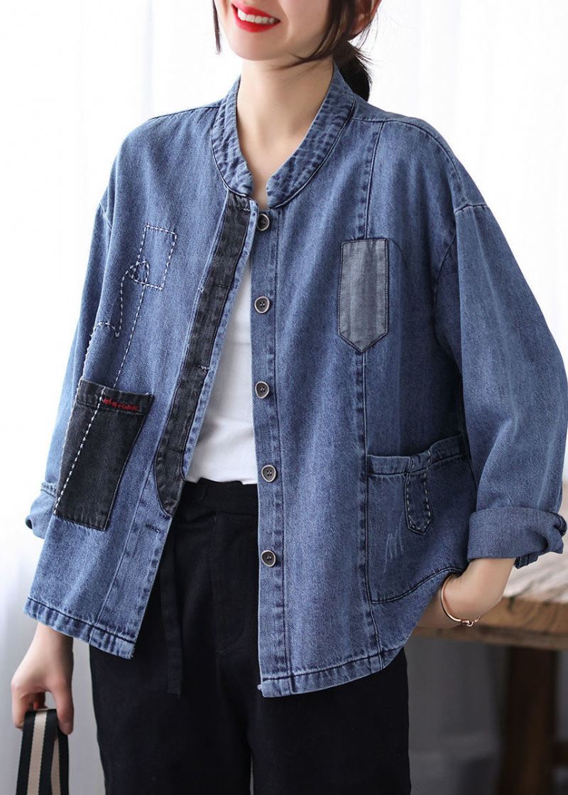 Décontracté Bleu Col Montant Patchwork Bouton Denim Manteaux Printemps - Manteaux d'hiver femmes