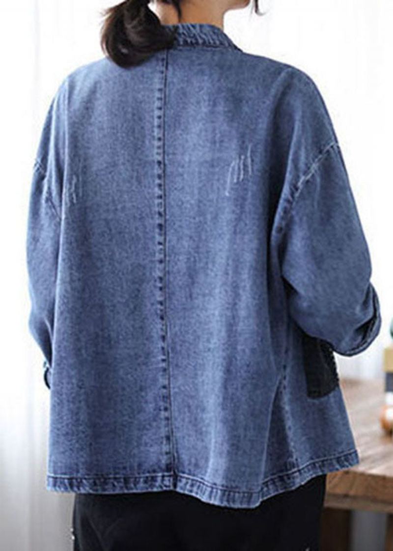 Décontracté Bleu Col Montant Patchwork Bouton Denim Manteaux Printemps - Manteaux d'hiver femmes