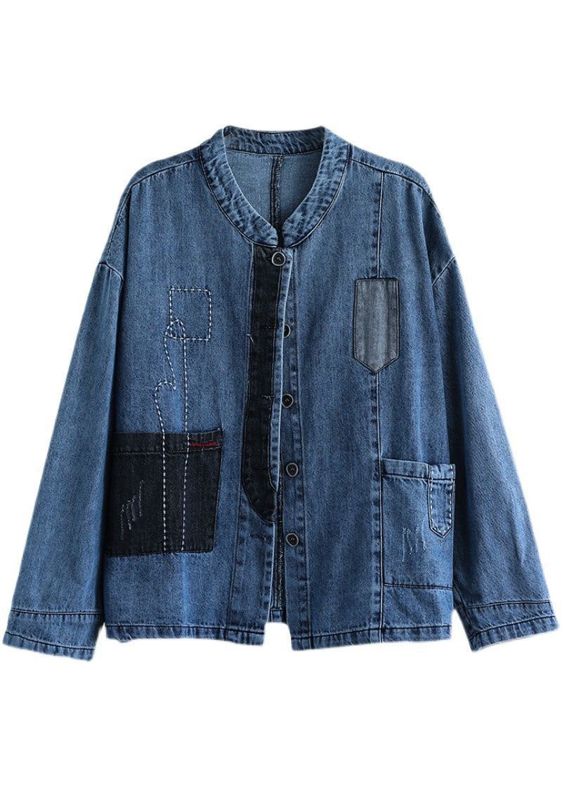 Décontracté Bleu Col Montant Patchwork Bouton Denim Manteaux Printemps - Manteaux d'hiver femmes