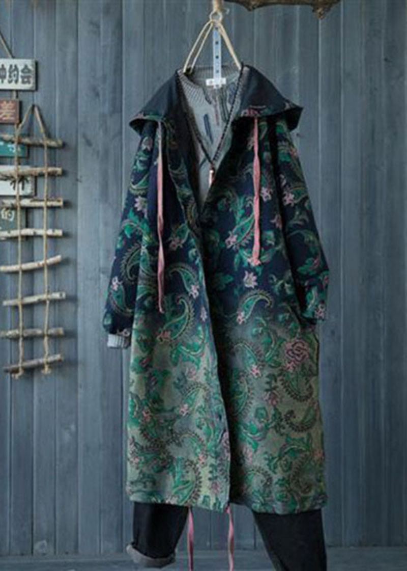 Décontracté Vert Dégradé Couleur À Capuche Poches Imprimé Coton Denim Trench Printemps