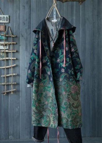 Décontracté Vert Dégradé Couleur À Capuche Poches Imprimé Coton Denim Trench Printemps