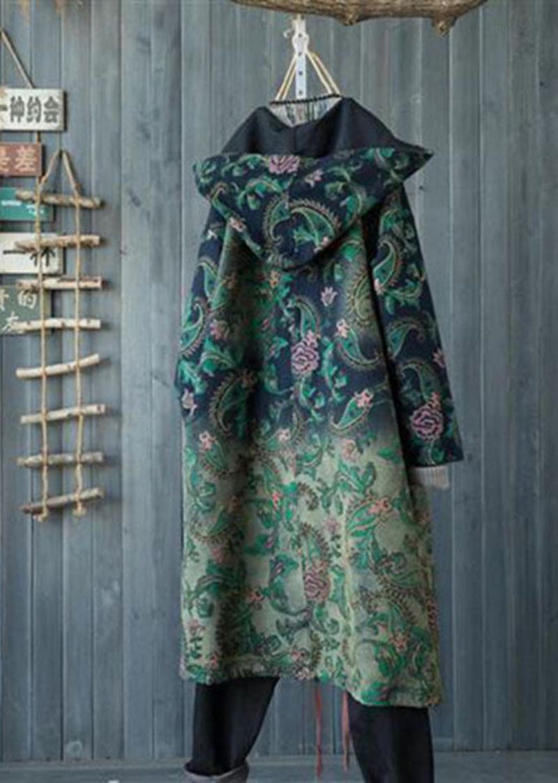 Décontracté Vert Dégradé Couleur À Capuche Poches Imprimé Coton Denim Trench Printemps - Manteaux d'hiver femmes