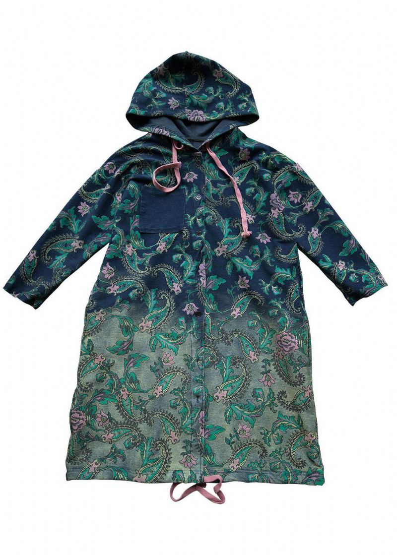 Décontracté Vert Dégradé Couleur À Capuche Poches Imprimé Coton Denim Trench Printemps - Manteaux d'hiver femmes