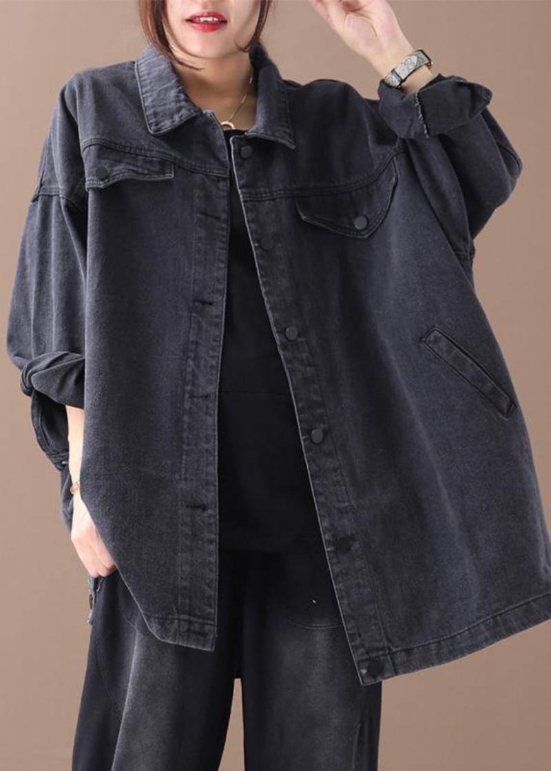 Denim Biologique Noir Coton Grue Hauts Poches À Revers Blouses D'automne Midi