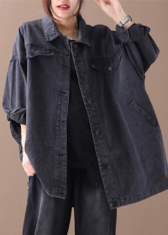 Denim Biologique Noir Coton Grue Hauts Poches À Revers Blouses D'automne Midi