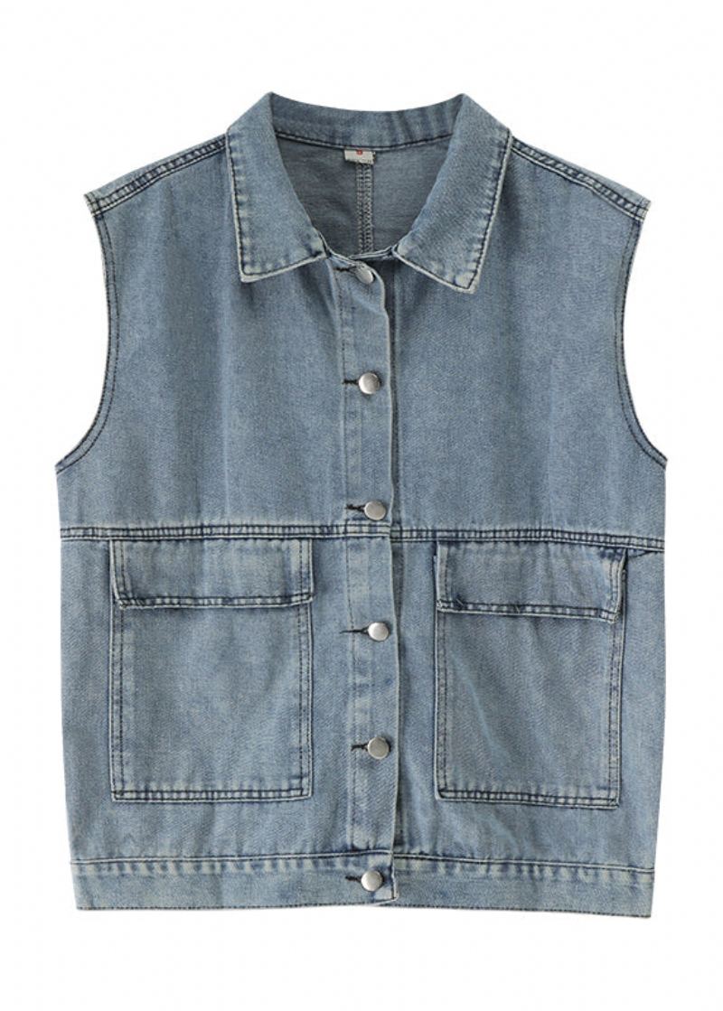 Diy Denim Bleu Col Claudine Poches Patchwork Gilet Sans Manches - Manteaux d'hiver femmes