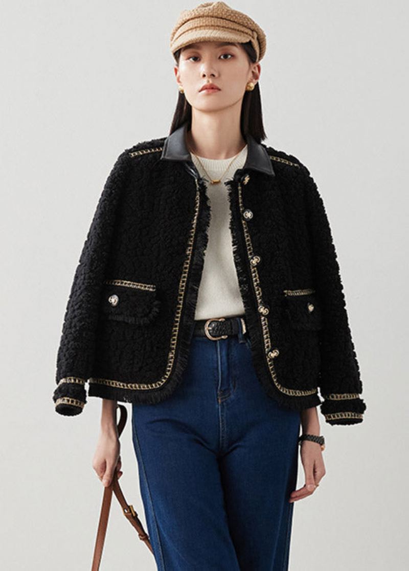 Diy Noir Col Claudine Patchwork Bouton Épais Manteau En Fausse Fourrure Hiver - Manteaux d'hiver femmes