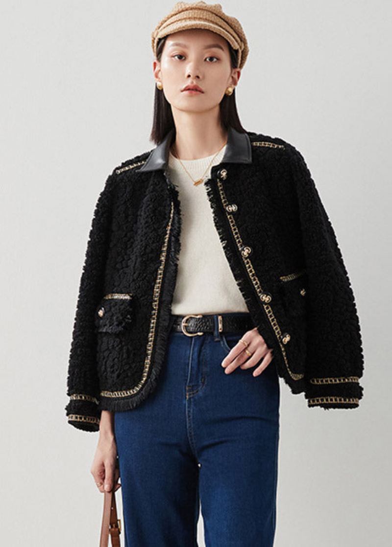 Diy Noir Col Claudine Patchwork Bouton Épais Manteau En Fausse Fourrure Hiver - Manteaux d'hiver femmes