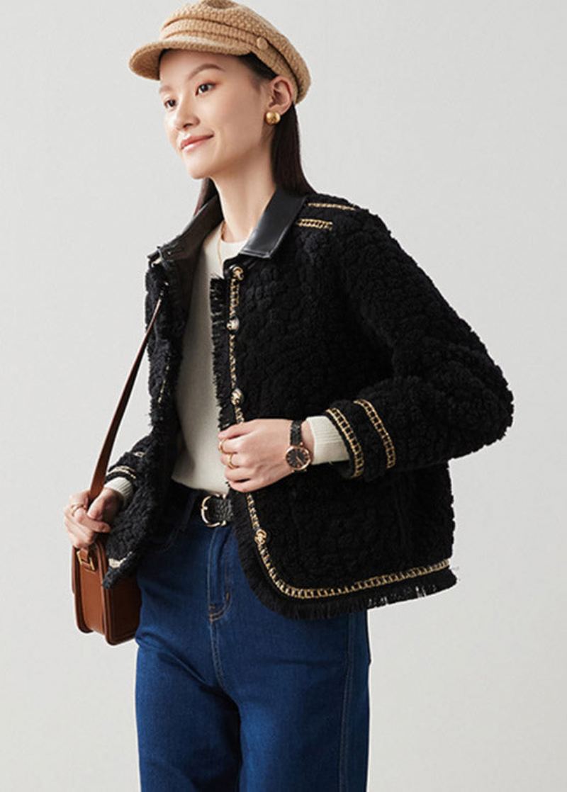 Diy Noir Col Claudine Patchwork Bouton Épais Manteau En Fausse Fourrure Hiver - Manteaux d'hiver femmes