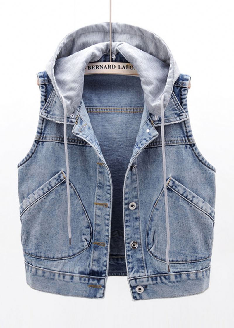 Élégant Bleu Clair Patchwork Poches À Capuche Denim Gilet Sans Manches