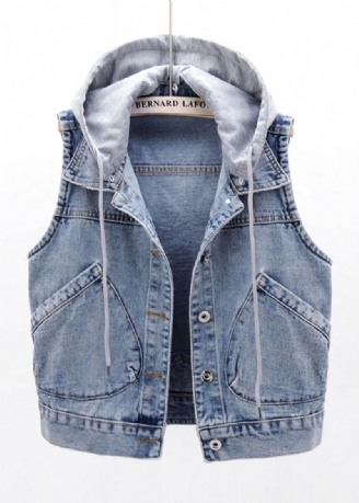 Élégant Bleu Clair Patchwork Poches À Capuche Denim Gilet Sans Manches