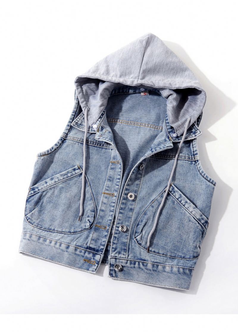 Élégant Bleu Clair Patchwork Poches À Capuche Denim Gilet Sans Manches - Bleu Clair