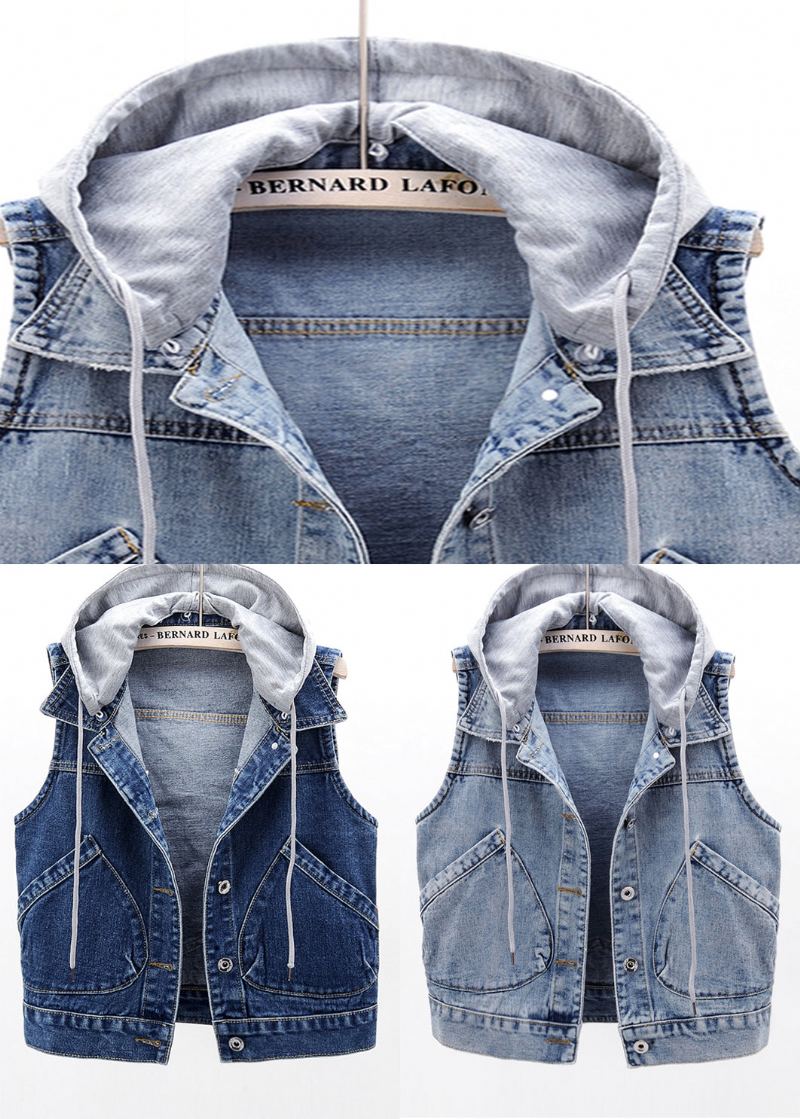 Élégant Bleu Clair Patchwork Poches À Capuche Denim Gilet Sans Manches - Bleu Clair