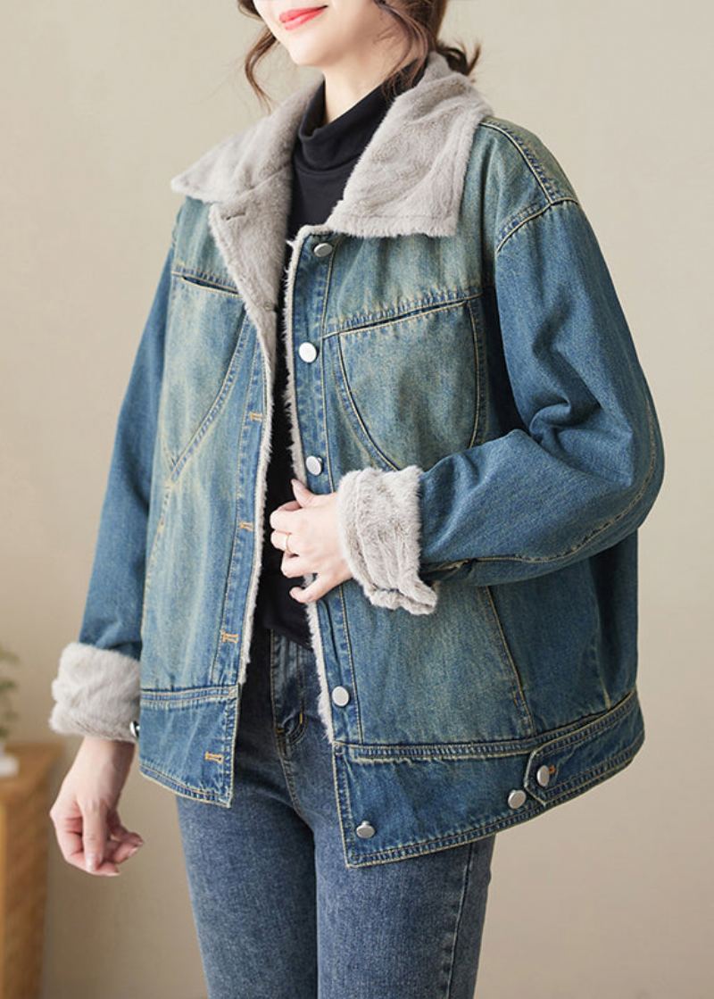 Élégant Bleu Col Claudine Patchwork Chaud Polaire Denim Manteaux Hiver