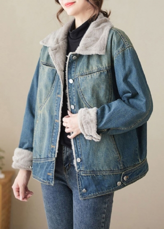 Élégant Bleu Col Claudine Patchwork Chaud Polaire Denim Manteaux Hiver