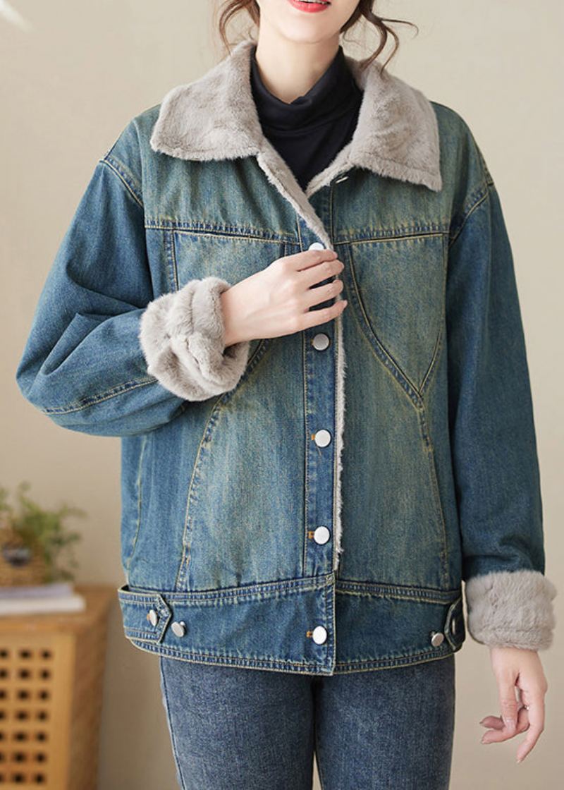 Élégant Bleu Col Claudine Patchwork Chaud Polaire Denim Manteaux Hiver - Manteaux d'hiver femmes