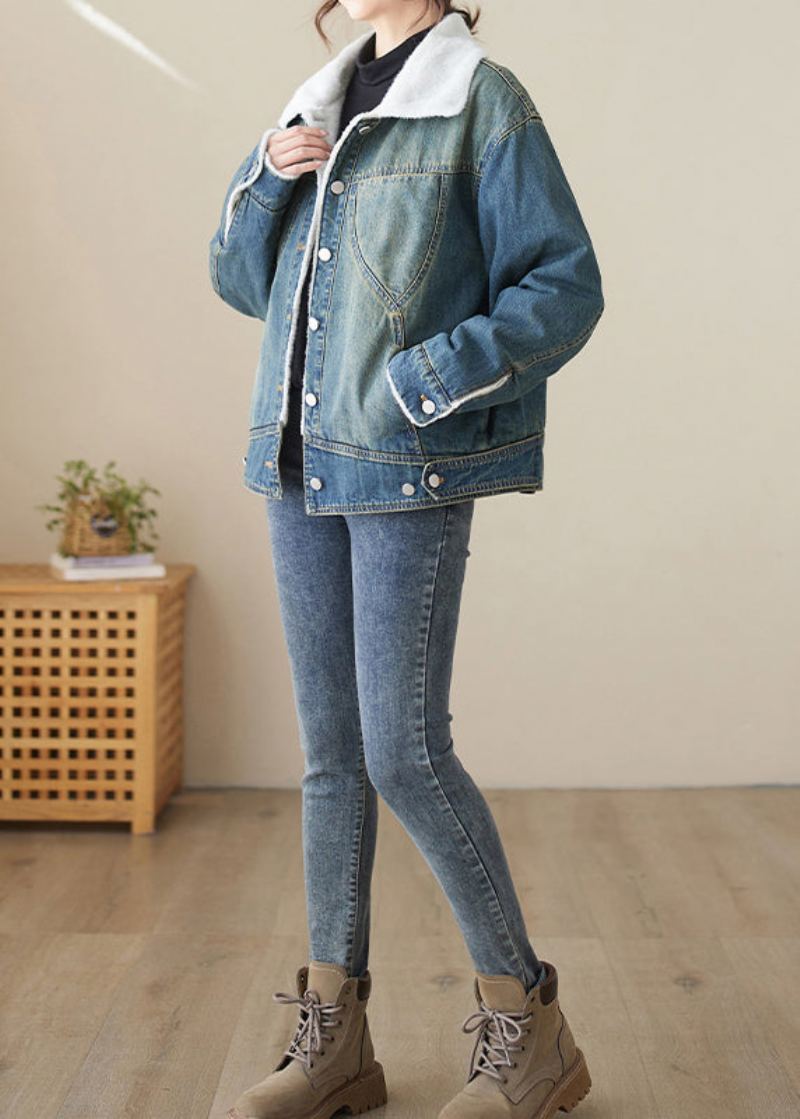 Élégant Bleu Col Claudine Patchwork Chaud Polaire Denim Manteaux Hiver - Manteaux d'hiver femmes