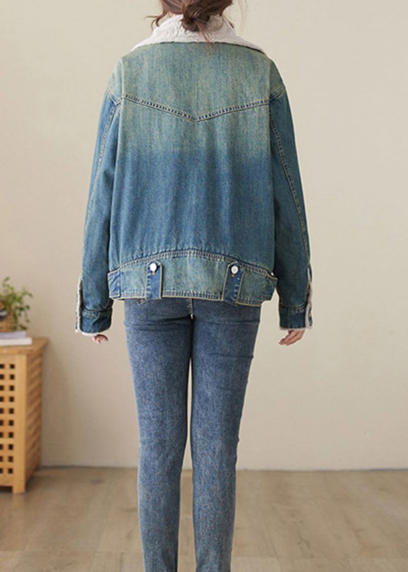 Élégant Bleu Col Claudine Patchwork Chaud Polaire Denim Manteaux Hiver - Manteaux d'hiver femmes