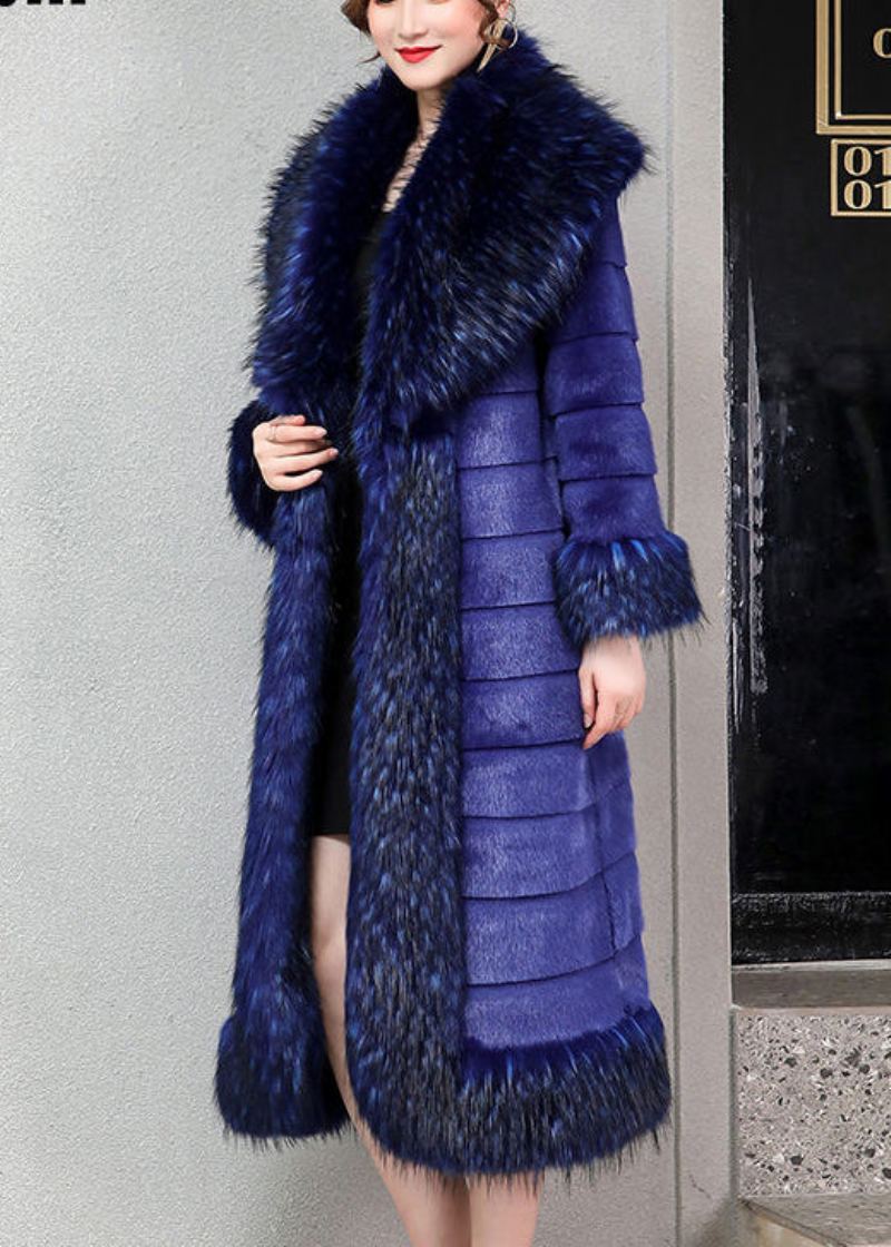 Élégant Bleu Surdimensionné Chaud Faux Vison Cheveux Trench Hiver