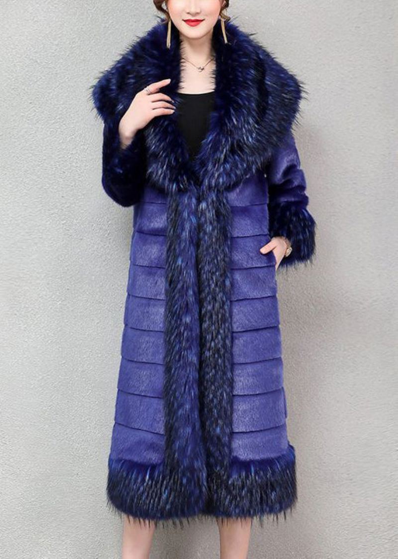 Élégant Bleu Surdimensionné Chaud Faux Vison Cheveux Trench Hiver - Manteaux d'hiver femmes