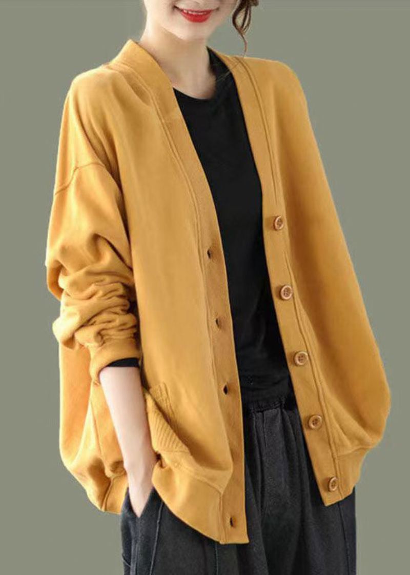 Élégant Jaune Col En V Bouton Patchwork Chaud Polaire Sweat Manteau Automne