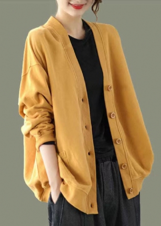 Élégant Jaune Col En V Bouton Patchwork Chaud Polaire Sweat Manteau Automne