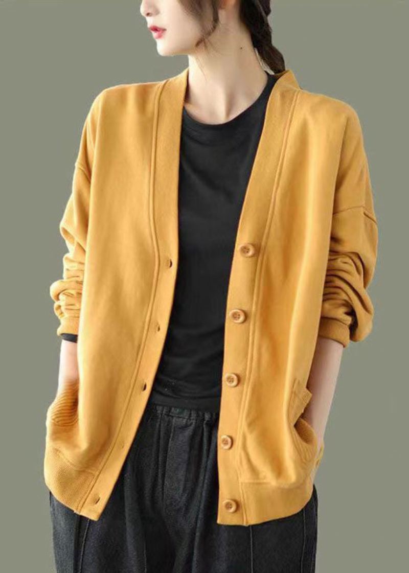 Élégant Jaune Col En V Bouton Patchwork Chaud Polaire Sweat Manteau Automne - Manteaux d'hiver femmes