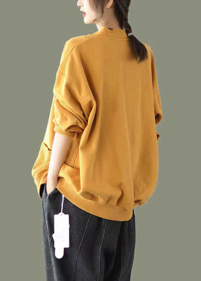 Élégant Jaune Col En V Bouton Patchwork Chaud Polaire Sweat Manteau Automne - Manteaux d'hiver femmes