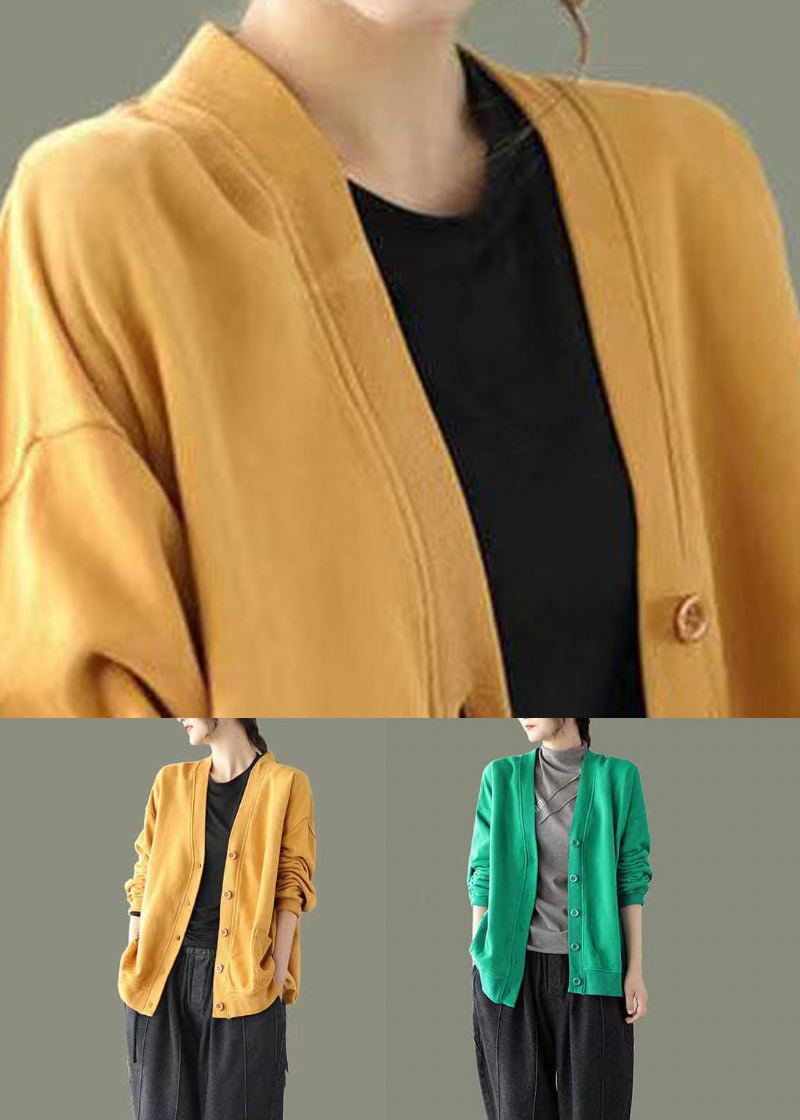 Élégant Jaune Col En V Bouton Patchwork Chaud Polaire Sweat Manteau Automne - Manteaux d'hiver femmes